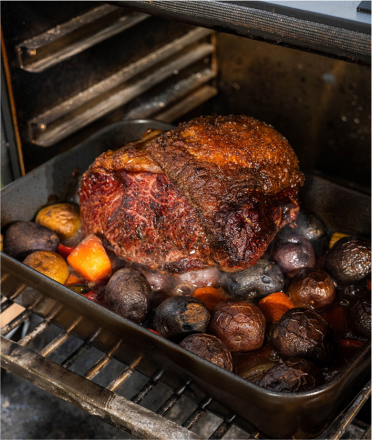 New York Roast with Veggies and Potatoes.